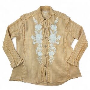 Kyla Seo Embroidered Gauzy Cotton Boho Button Front Shirt Long Sleeve Women M